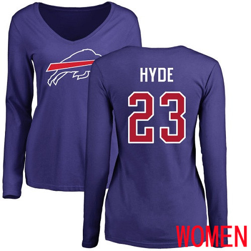 NFL Women Buffalo Bills #23 Micah Hyde Royal Blue Name and Number Logo Long Sleeve T Shirt
